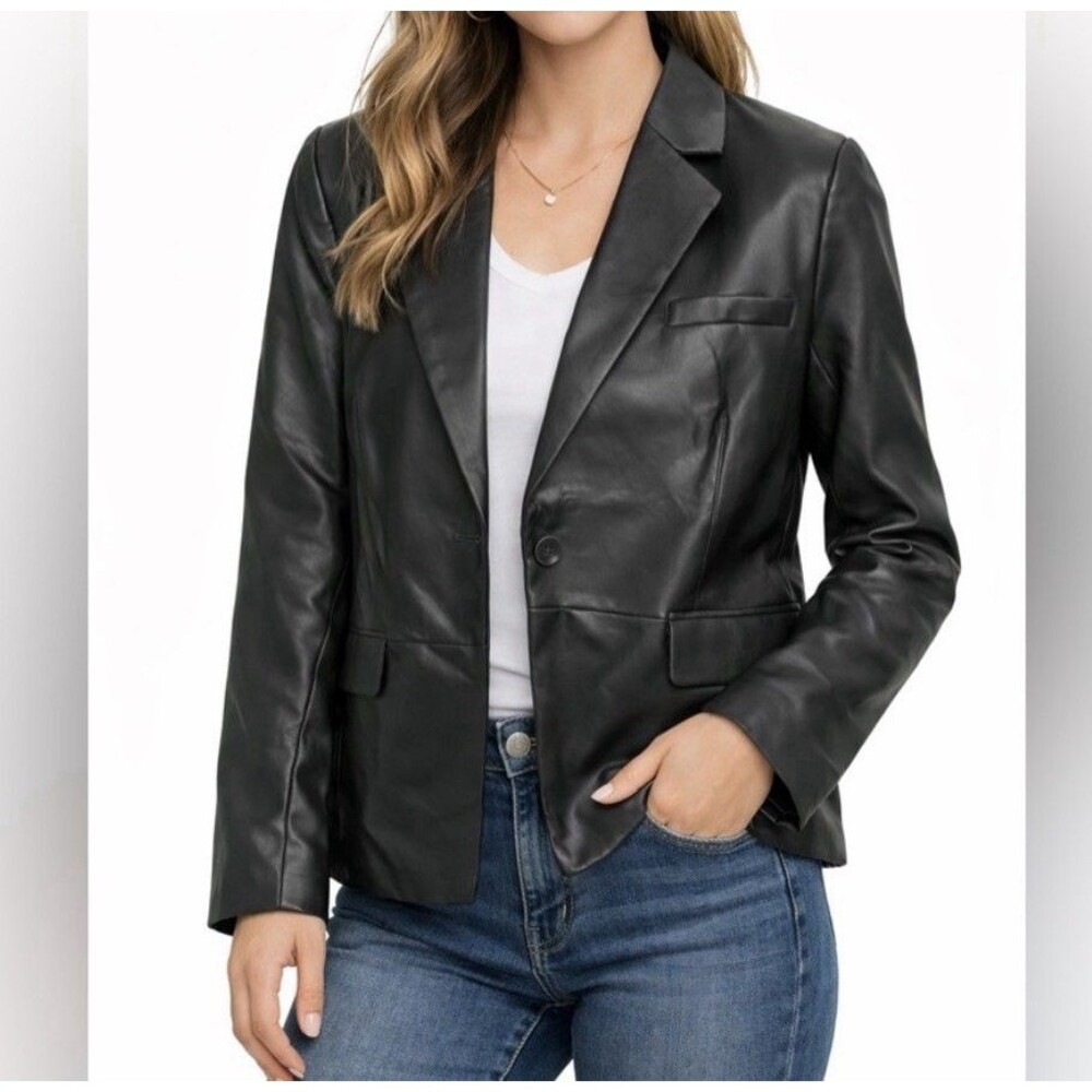 CAbi Faux Leather Jacket Women’s Small NWOT Black Classic Blazer Vegan Leather